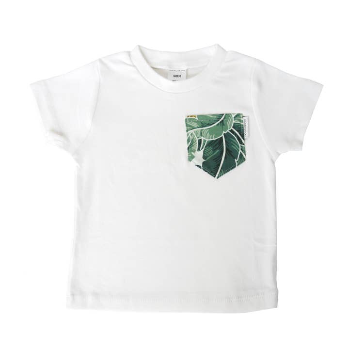 Tropical Palm Pocket on White Tee for wholesale by Chuckles & Caz