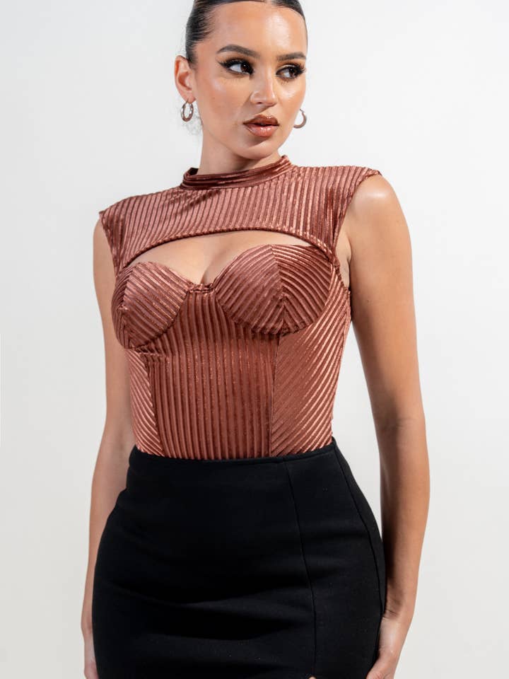 PT41550B-W_STRIPE VELVET BOLERO CUTOUT SLEEVELESS BODYSUIT for wholesale by PRIVY