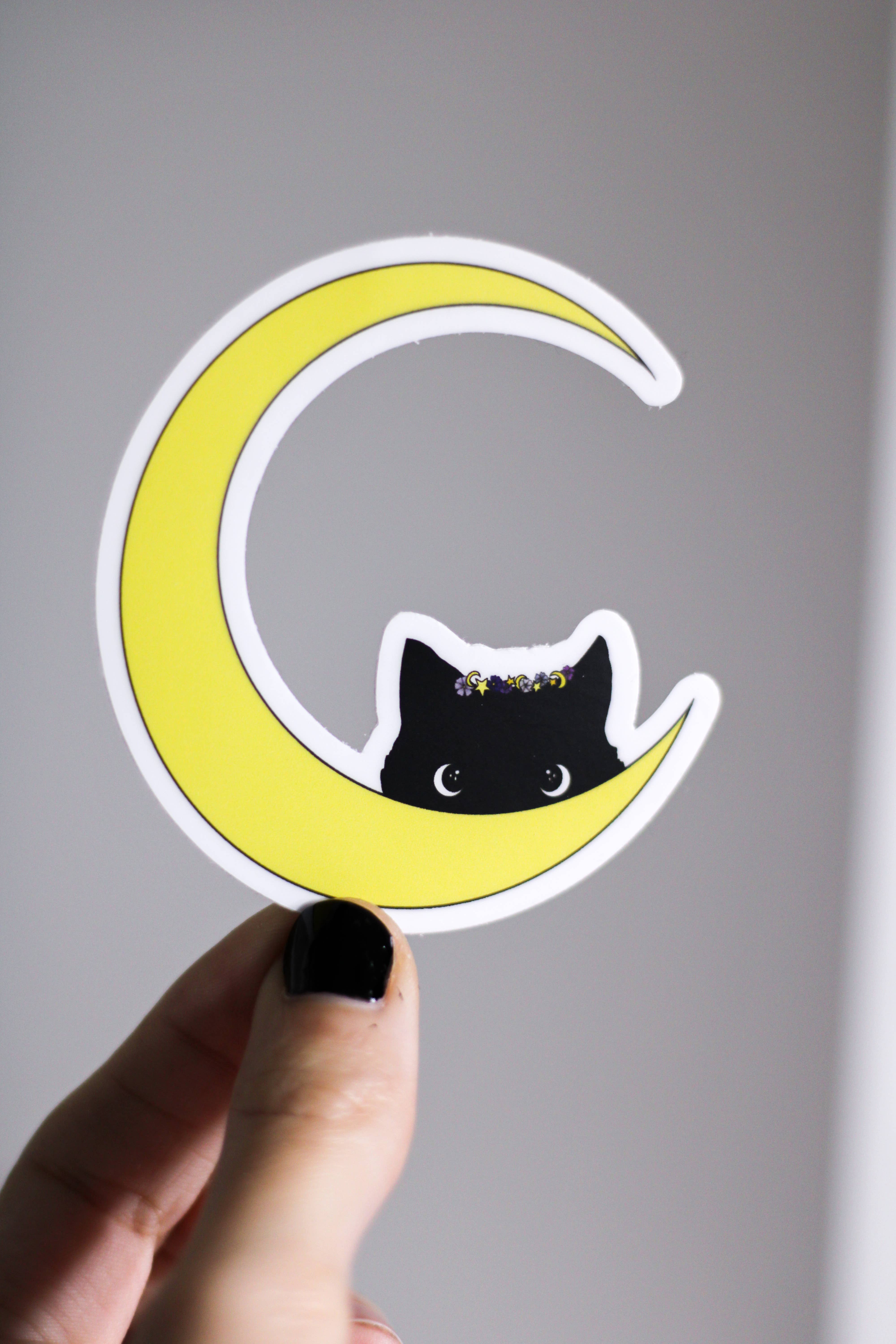 Black Kitty Moon | Cat Sticker for wholesale by Scribbles and Doodlez