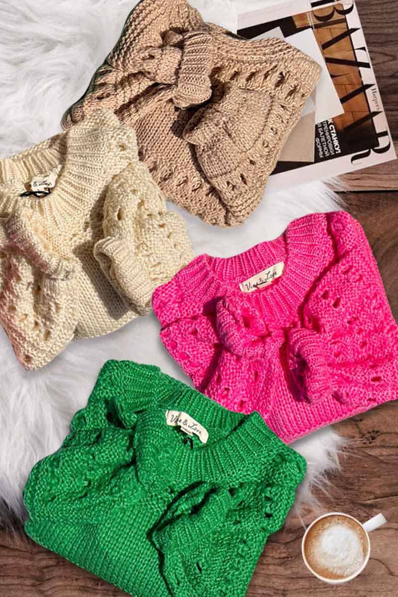 Vine & Love - Vente Pull en maille – femme - Pull en crochet à col rond et manches ballon en tricot ouvert VT5170323