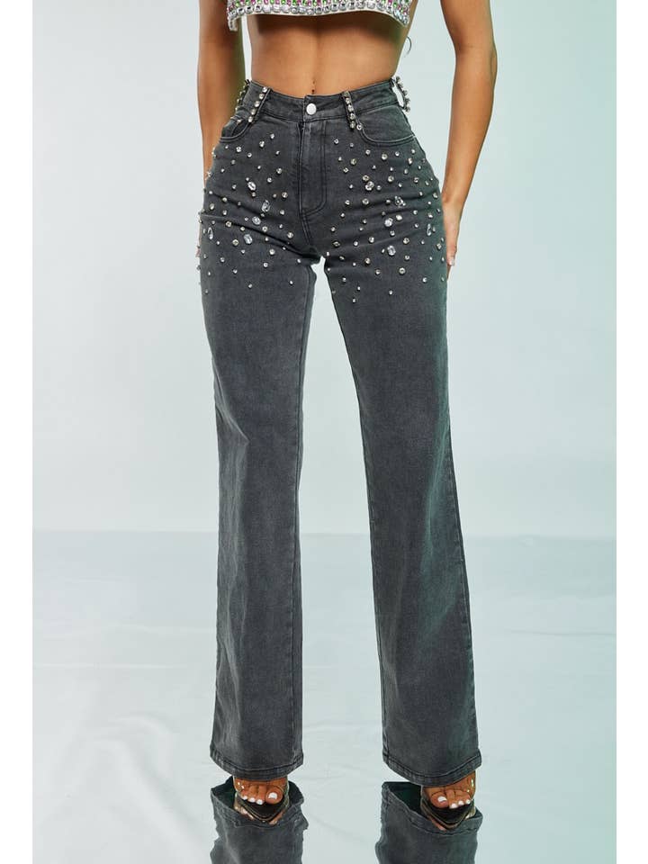 WFFS – Großhandel Jeans – Damen – Strass-Jeans mit hohem Bund und Stretch