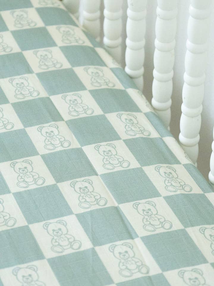 Checkered Bears Organic Cotton Blend Muslin Crib Sheet for wholesale by Cradle Comforts Co.