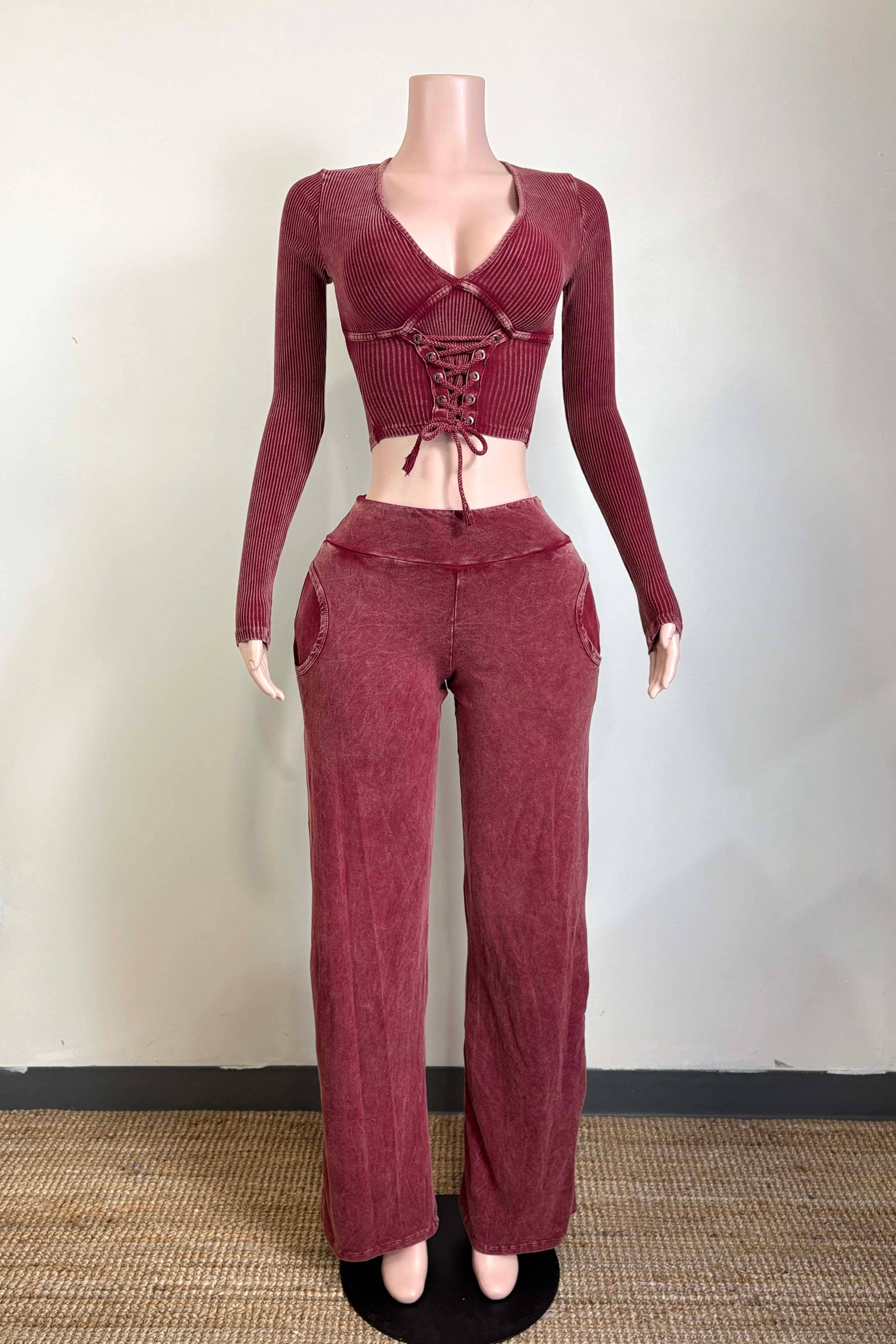 Dalia Studio - Wholesale Lounge Set - Women's - MINERAL WASH FRONT LACED TOP & LOUNGE PANT SET0