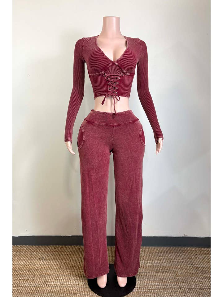 Dalia Studio - Wholesale Lounge Set - Women's - MINERAL WASH FRONT LACED TOP & LOUNGE PANT SET