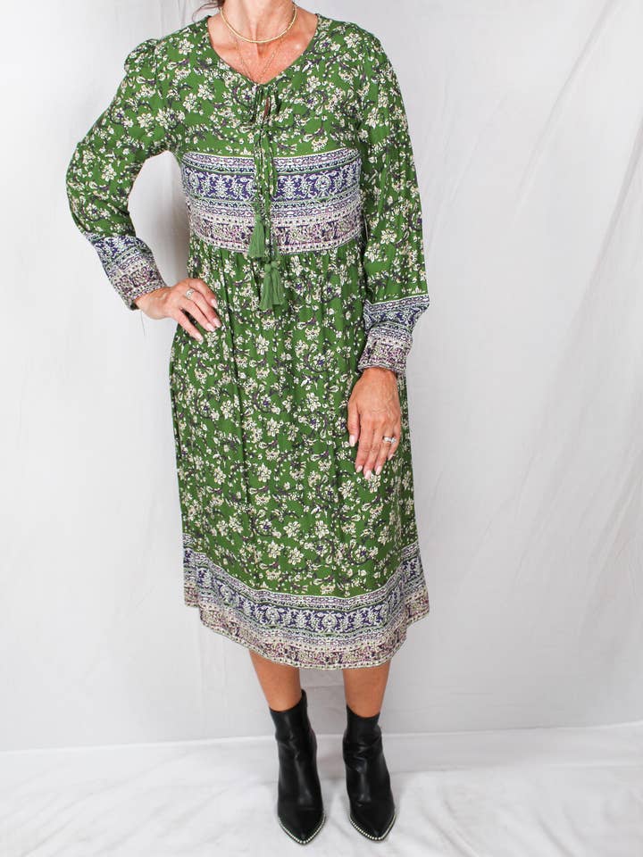 Y452466F43-O - Oliv/ Violett/ Hellbraun - Top mit Boho-Bordüre und Aufdruck A1440 für den Großhandel von K & C Clothing, Inc.