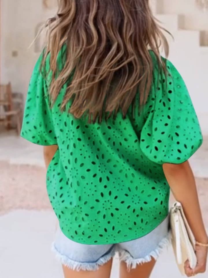 Green Floral Embroidered Puff Sleeve Blouse for wholesale on Faire