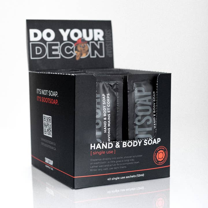 Decontaminating Hand & Body Soap | Single Use Sachets for wholesale by Sootsoap Supply Co. Ltd.