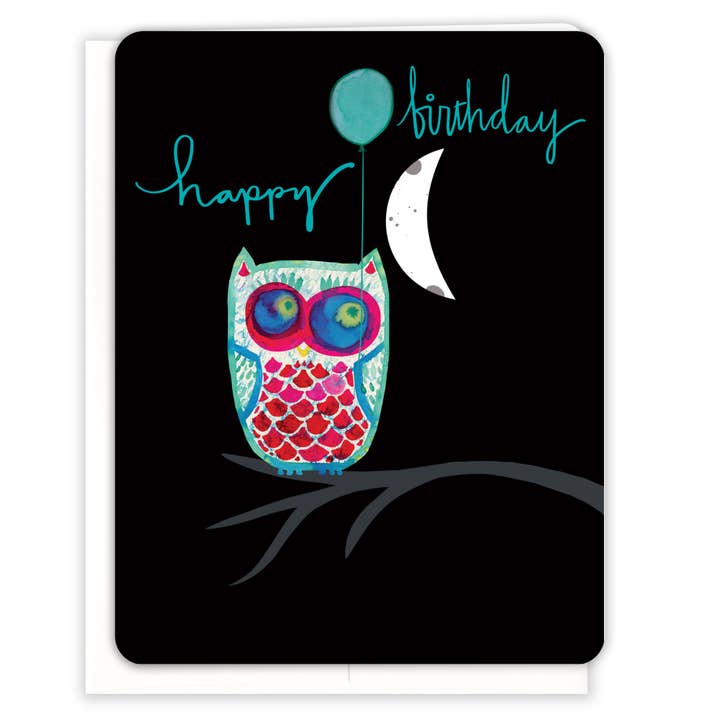 Night Owl Birthday Card for wholesale by Paper Loop | Hand-Painted Greeting Cards