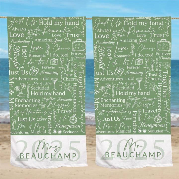 Personalized Mr or Mrs Green Honeymoon Beach Towel – Custom Word Art with Year for wholesale by Sunny Jar Personalized