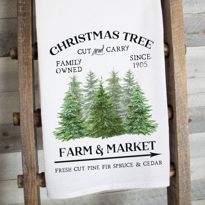 Cut & Carry Christmas Tree Flour Sack Tea Towel for wholesale by This Joyful Home