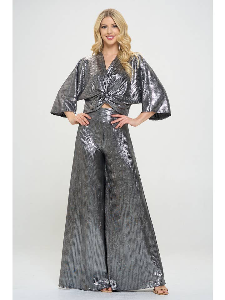 Silver Made in USA Metallic Pants w/ Elastic Waist for wholesale on Faire