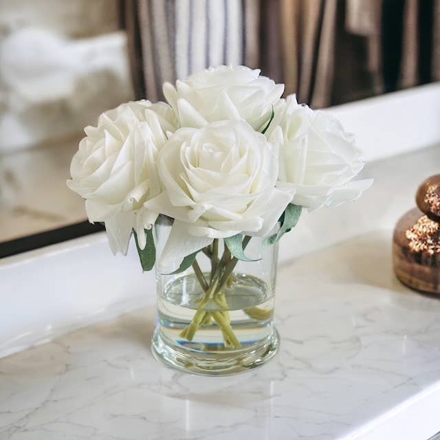 Simply Elegant By Tara - Wholesale Artificial Flowers - White Rose Floral Arrangement | Real Touch Roses Faux Water 1