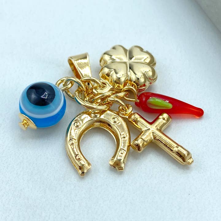 18k Gold Filled Clover Evil Eyes Horseshoe Chili & Cross Charms for wholesale by Luxus Accessories