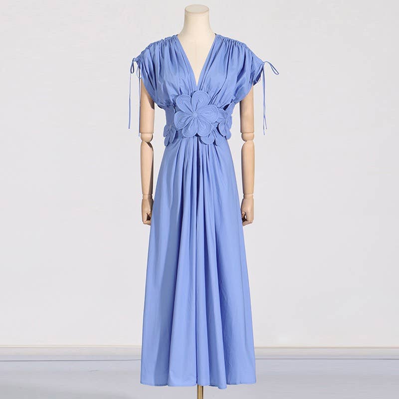 Branco SY185 Elegante Vestido Longo com Colagem Floral com Decote em V e Cintura Alta para venda a revendedores na Faire6