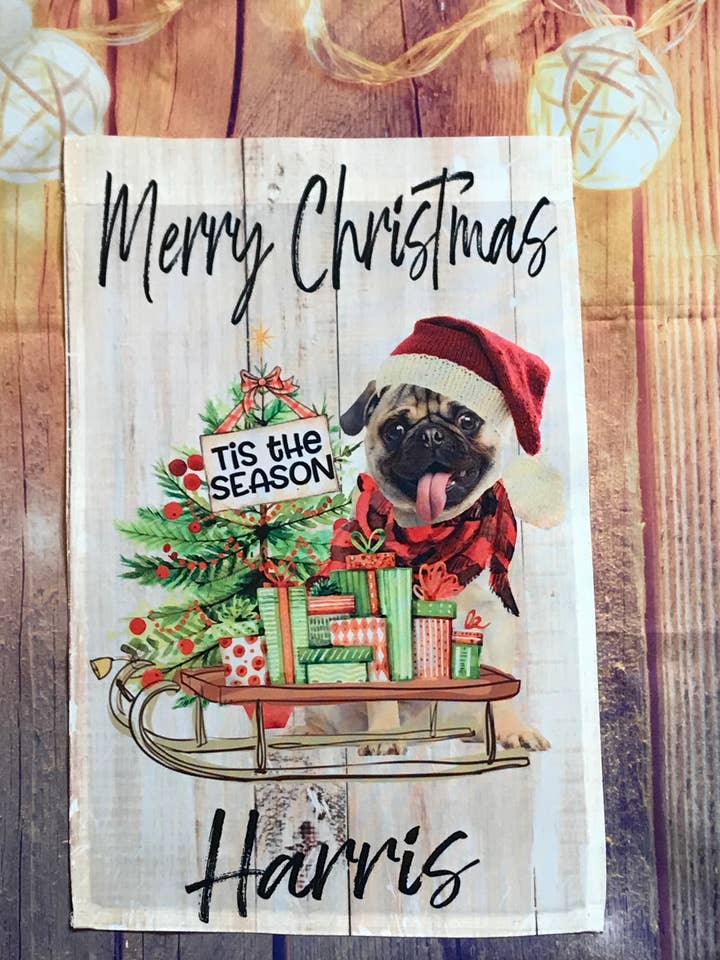 CHRISTMAS PUG GARDEN FLAG PERSONALIZED for wholesale by A Deane Dream