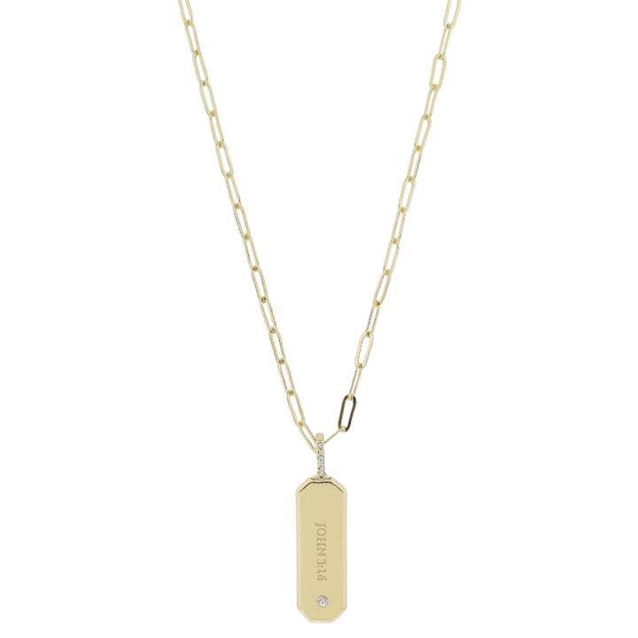 Jane Marie - Wholesale Pendant/Charm Necklace - 16" Gold Enlongated Rectangle with "JOHN 3:16" Necklace