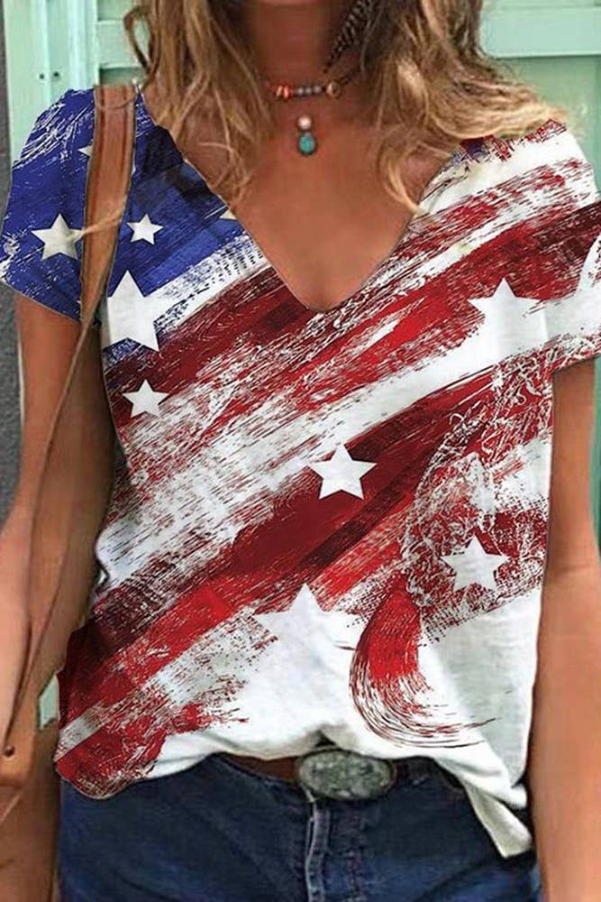UNISHE - Venta al por mayor Camiseta - Mujer - Top con cuello en V con bandera de EE. UU., Día de la Independencia del 4 de julio ZZKF11095
