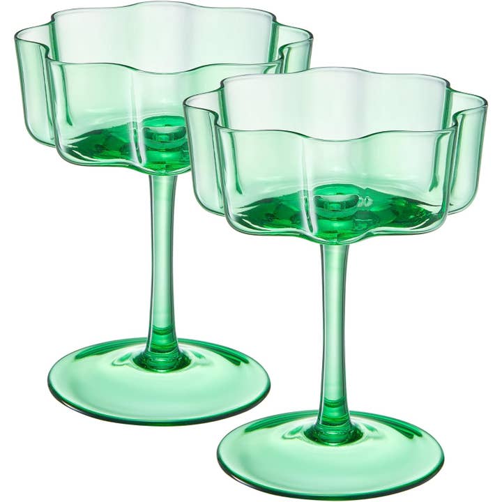 Bicchieri da cocktail colorati Flower Wave Coupe | Set di 2 | Giada per la vendita all'ingrosso da parte di The Wine Savant / Khen Glassware