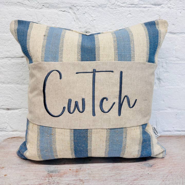 Blue and cream -Cwtch Cushion Square (limited edition) for wholesale by Lizzie Dixon Designs