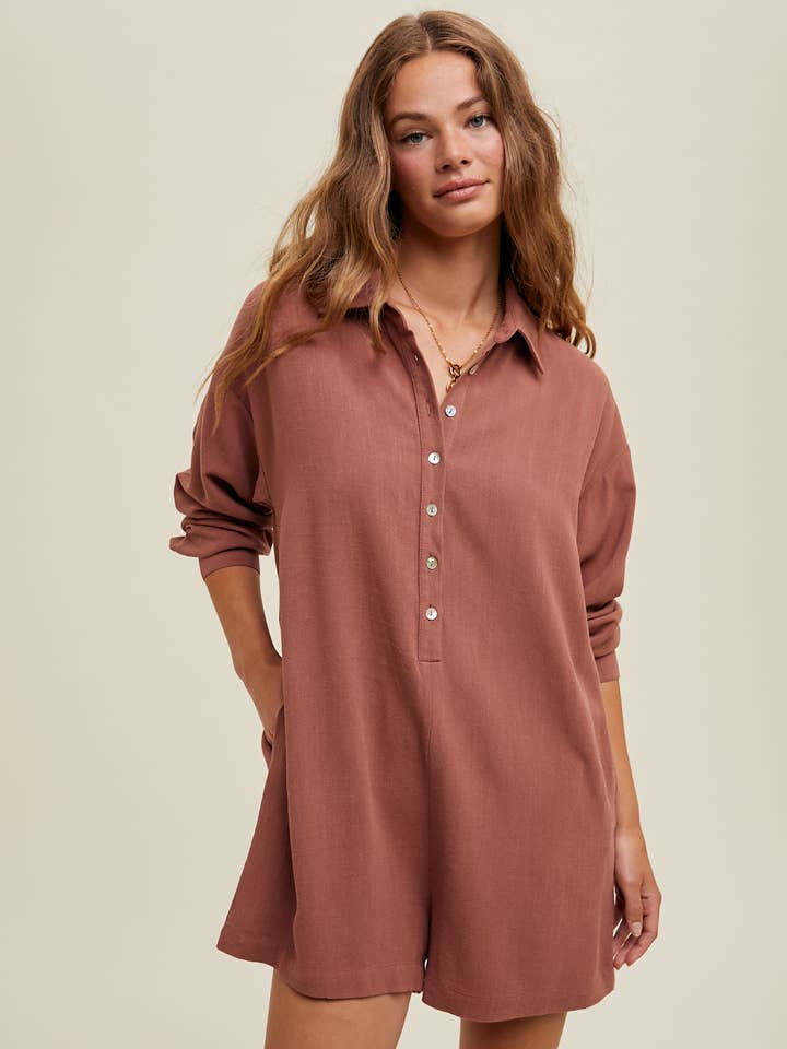 BUTTON-UP LINEN ROMPER / WL24-9003 for wholesale by Wishlist Apparel
