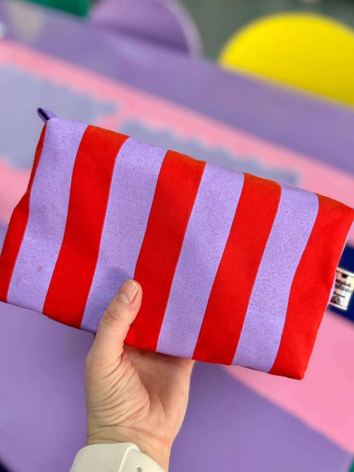 Handprinted Boxy pouch Lilac and Red Stripes, Wash bag for wholesale by Yolla.studio