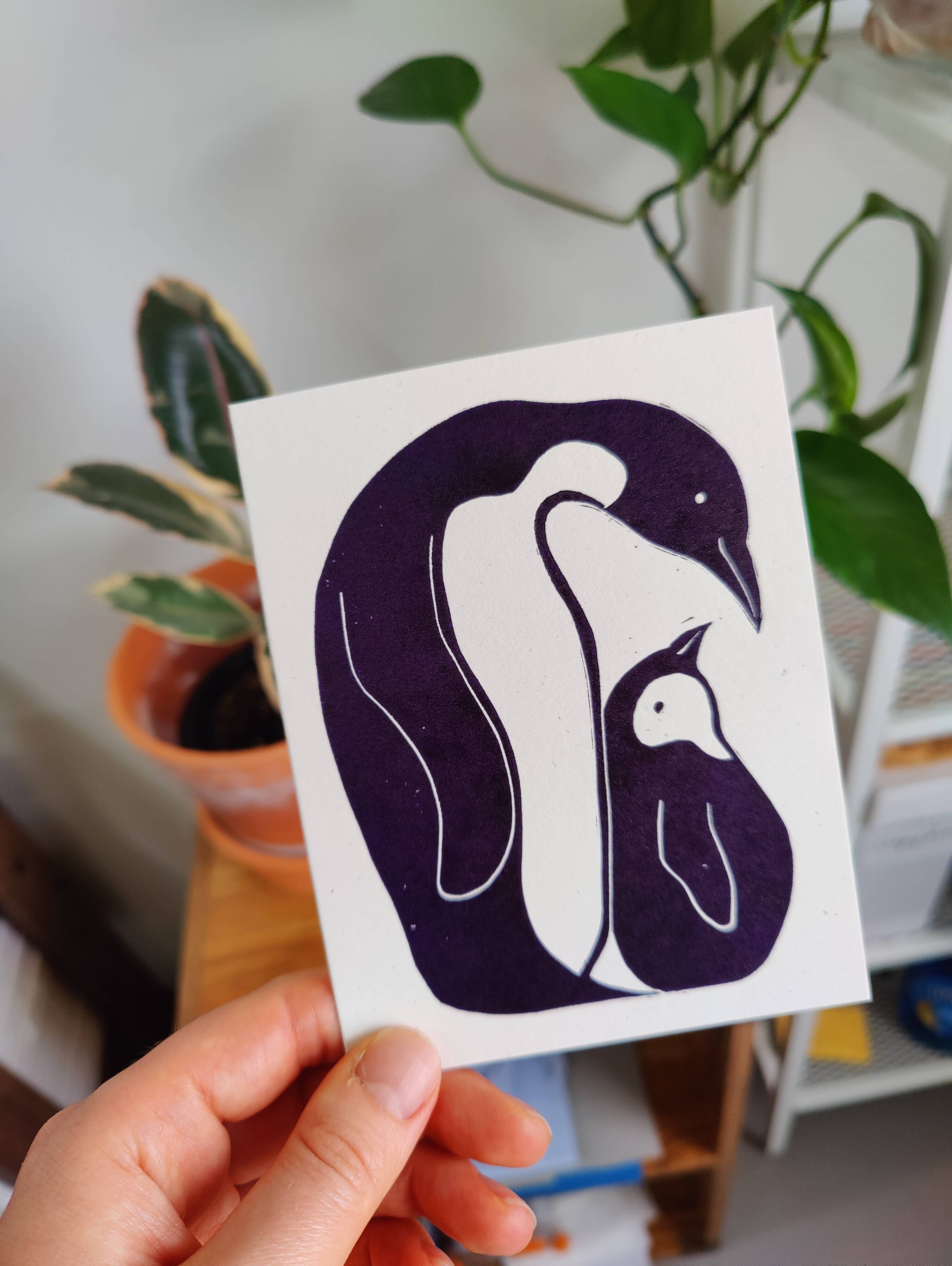 Winter Pickle Press - Wholesale Baby Card - Handprinted linocut penguin and chick folded card1