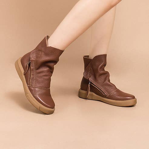 Laarzen met ritssluiting van zacht rundleer, retro, dikke enkellaarzen voor dames, zwart/koffie/kaki voor wholesale door DWARVES