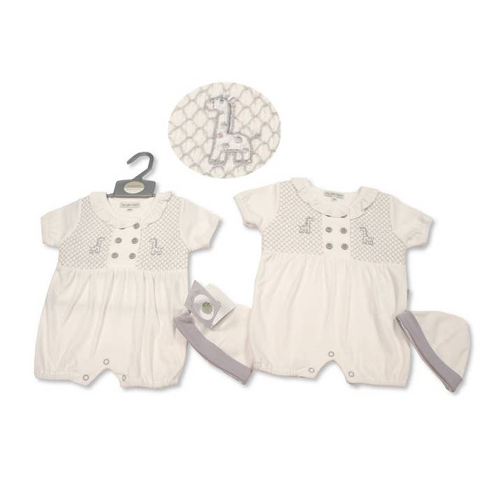 Smocked Baby Romper with Hat - Giraffe for wholesale by Sheldon International