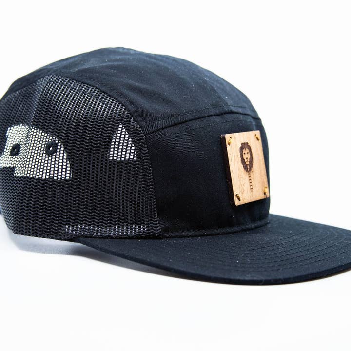 5 Panel Wood Patch Trucker Hat - Black for wholesale by Wood Leon