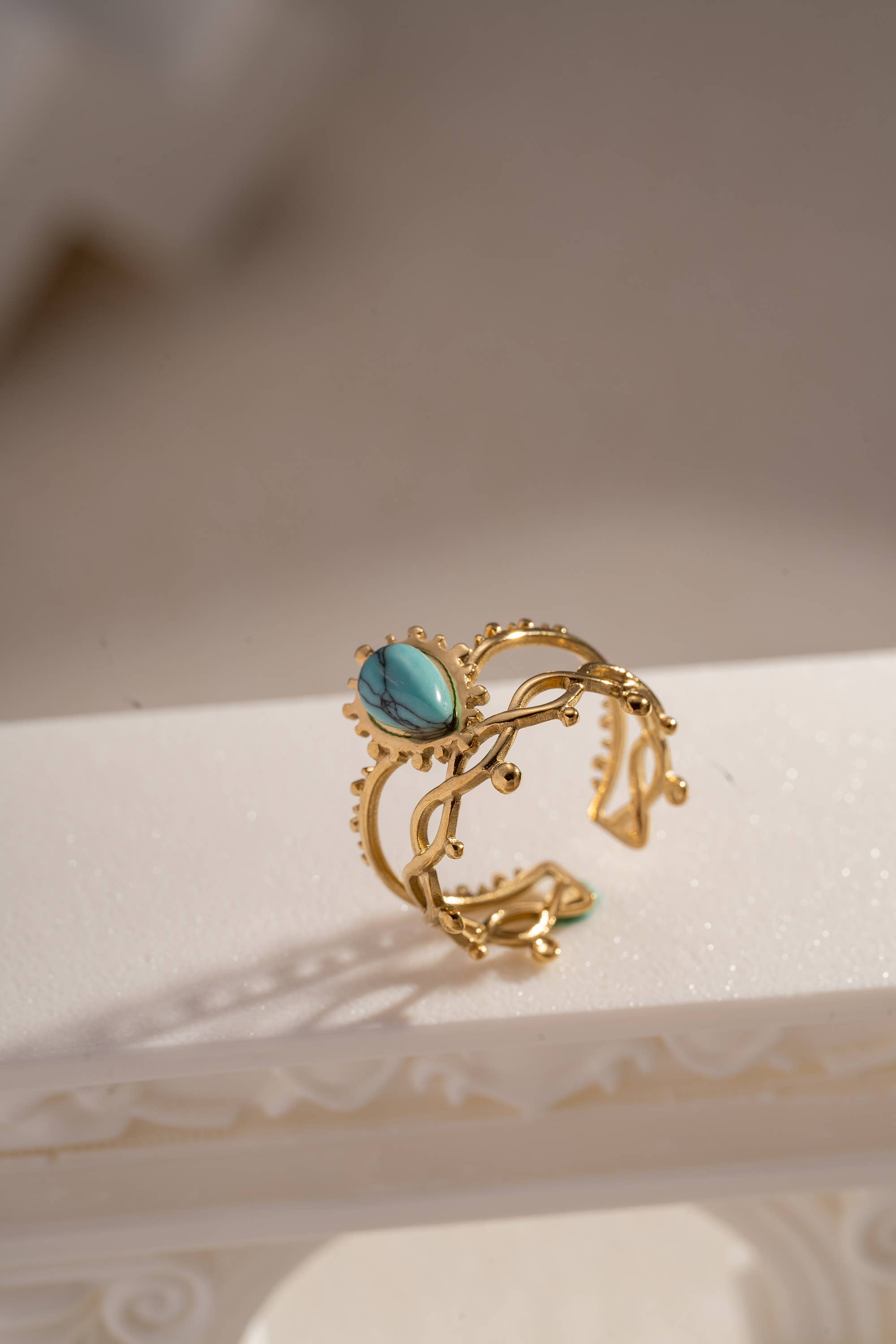 COSMOS - Wholesale Single Stone/Solitaire Ring - Openwork gold-plated stainless steel ring with colored stone3