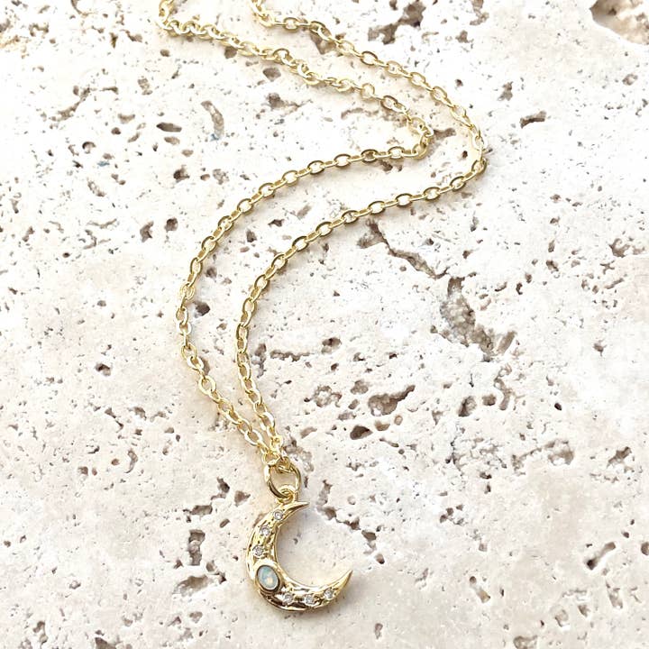 VB&CO Designs Handmade Jewelry - Wholesale Pendant/Charm Necklace - Opal moon dainty necklace