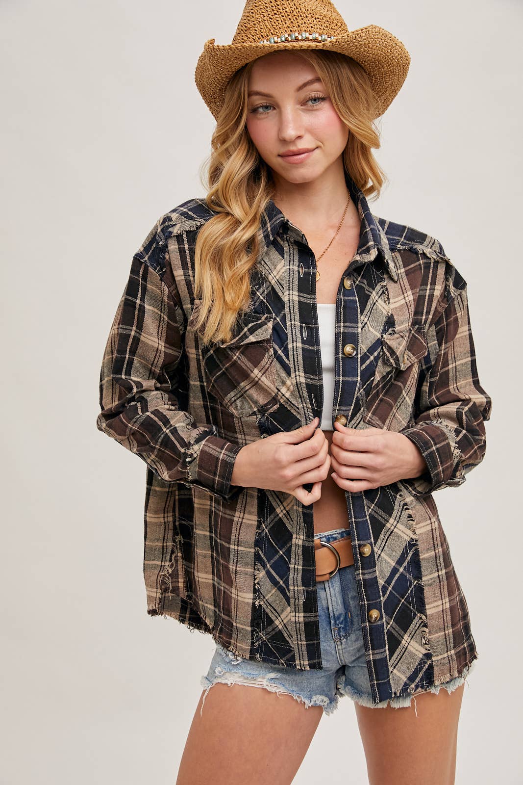 Bluivy - Wholesale Button Down Shirt - Women's - DISTRESSED HEM BUTTON DOWN PLAID SHIRT - 4TH OF JULY2