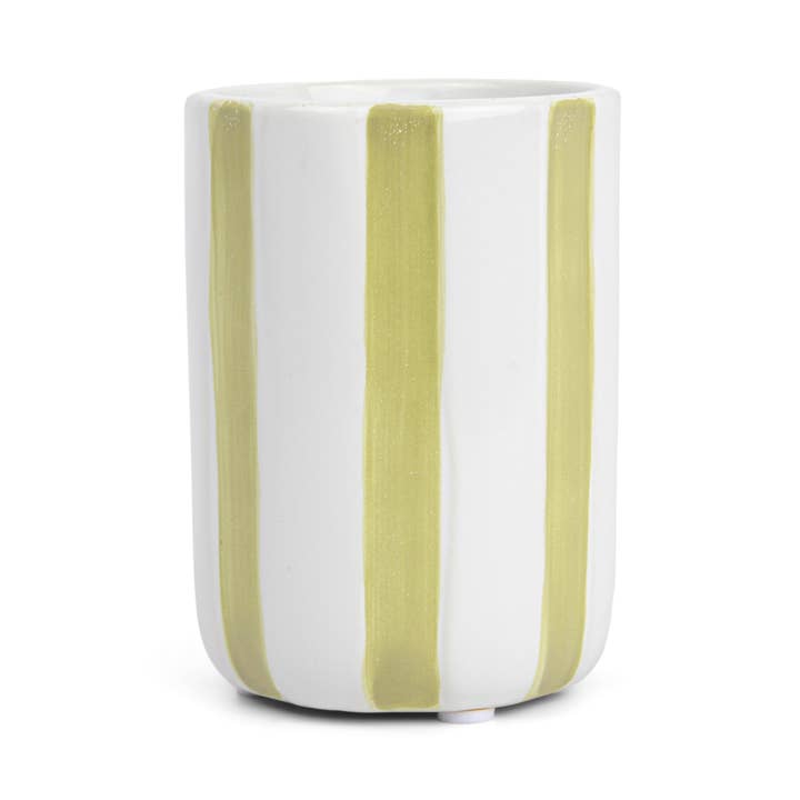 9 Oz Green Striped Ceramic Candle: Cascading Apple Santal for wholesale by Foundry Candle Co