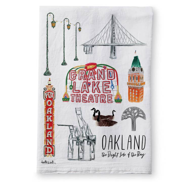 Oakland Collage Tea Towel for wholesale by doodles.ink.