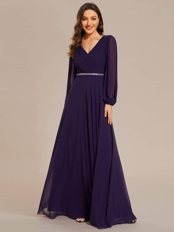 Ever-Pretty - Wholesale Gown - Women's - Elegant waisted chiffon V-neck Long Sleeve guest Dress9