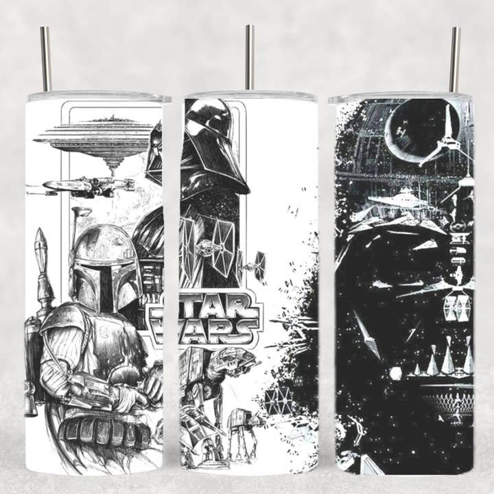 Gobelet noir et blanc inspiré de la science-fiction Sketched Vador pour la vente par The Geek Boutique
