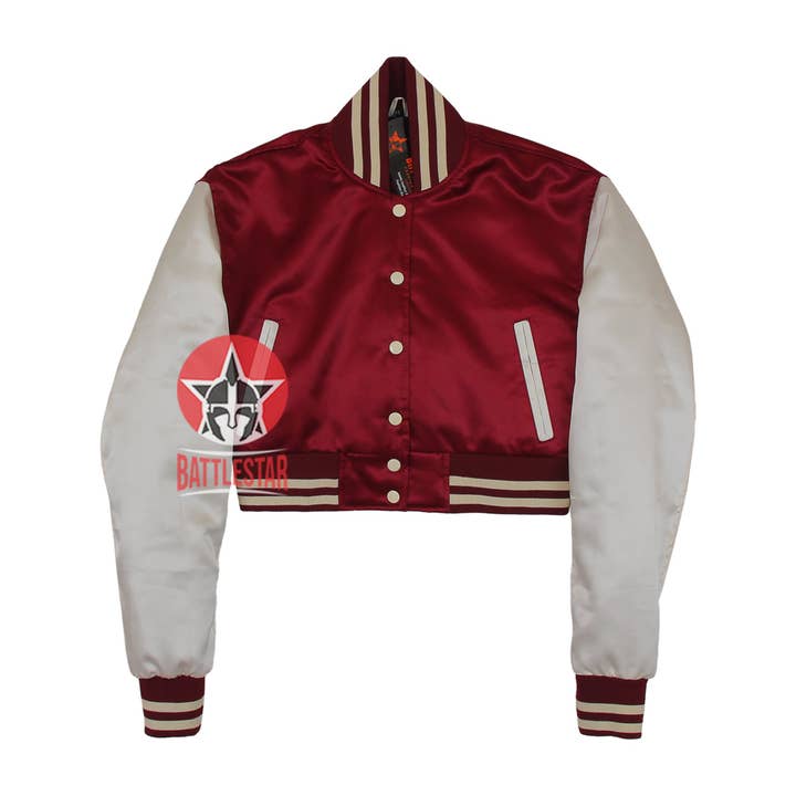 Maroon & Off White Cropped Body Satin Varsity Jacket for wholesale by Battlestar Clothing & Gear Co