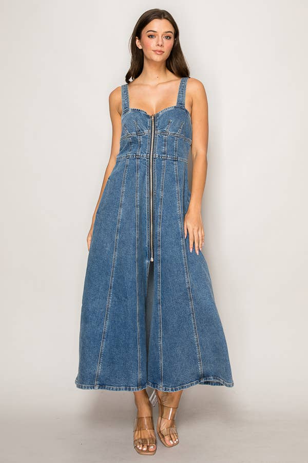 C7034 - FRONT ZIPPER HALTER NECK DENIM DRESS for wholesale on Faire1