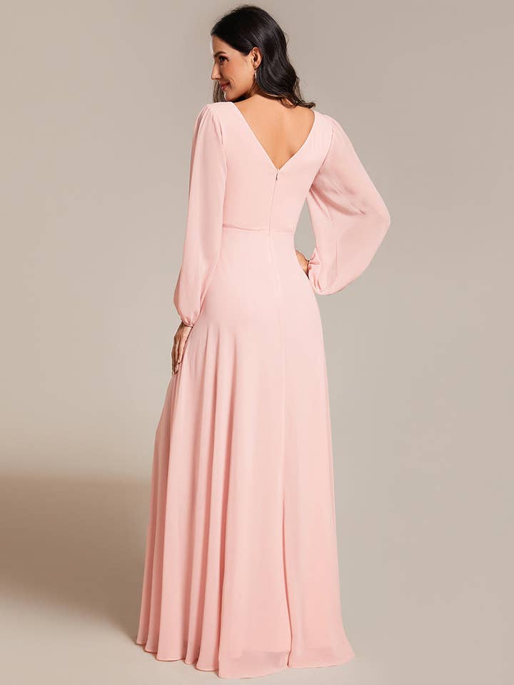 Ever-Pretty - Wholesale Gown - Women's - Elegant waisted chiffon V-neck Long Sleeve guest Dress67