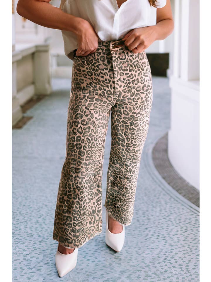 Brown LDC Leopard Frayed Edge Wide Leg High Waist Jeans for wholesale on Faire