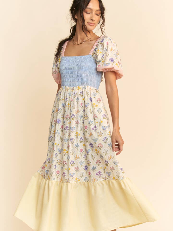 PASTEL YELLOW MULTI FLORAL BOUQUET WALLPAPER PUFF SLEEVE TIERED DRESS for wholesale on Faire1