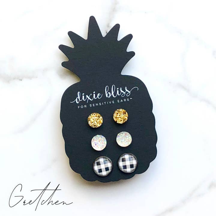 Gretchen Gold Druzy & Buffalo Plaid Stud Earrings for wholesale by Dixie Bliss