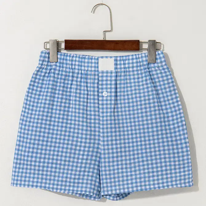 safistyle - Wholesale Shorts - Women's - Blue Gingham Printed High Waist Shorts0