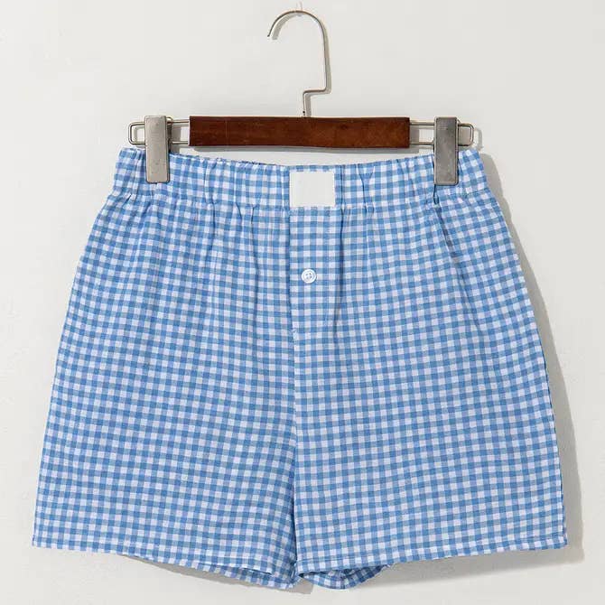 safistyle - Wholesale Shorts - Women's - Blue Gingham Printed High Waist Shorts