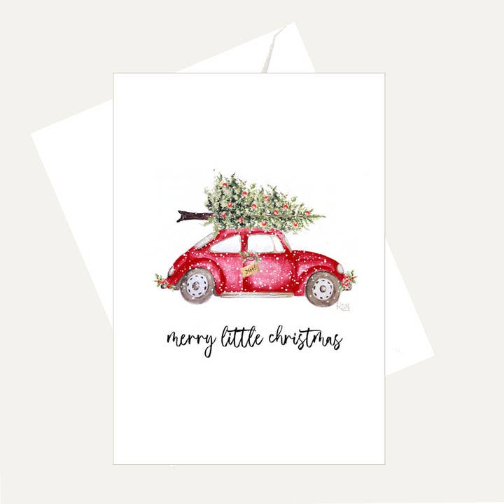 Red Volkswagen Bug - Watercolor Merry Little Christmas Card for wholesale by Bellflower Girl