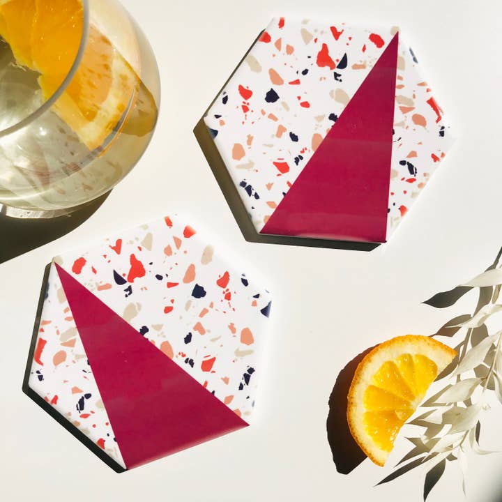 Rust Neutrals Terrazzo Style Hexagon Coasters for wholesale by The Abstract Bee