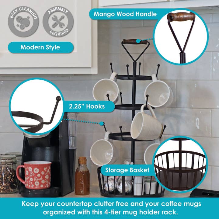 Sunnydaze Decor - Wholesale Kitchen Storage/Organizer - Round 4-Tier Iron Coffee Mug Tree Holder with Hooks - Brown2