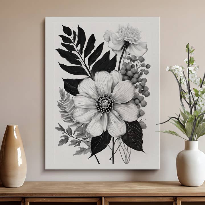 Elegant Black and White Floral Art Print, Modern Minimalist Botanical Poster, Detailed Flower Illustration Home Decor for wholesale by FreakyTeeFactory