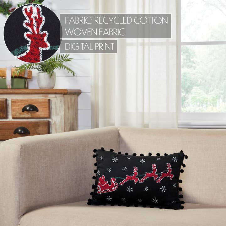 VHC Brands - Wholesale Throw/Decorative Pillow - Annie Black Check Santa Sleigh Pillow 9.5x14