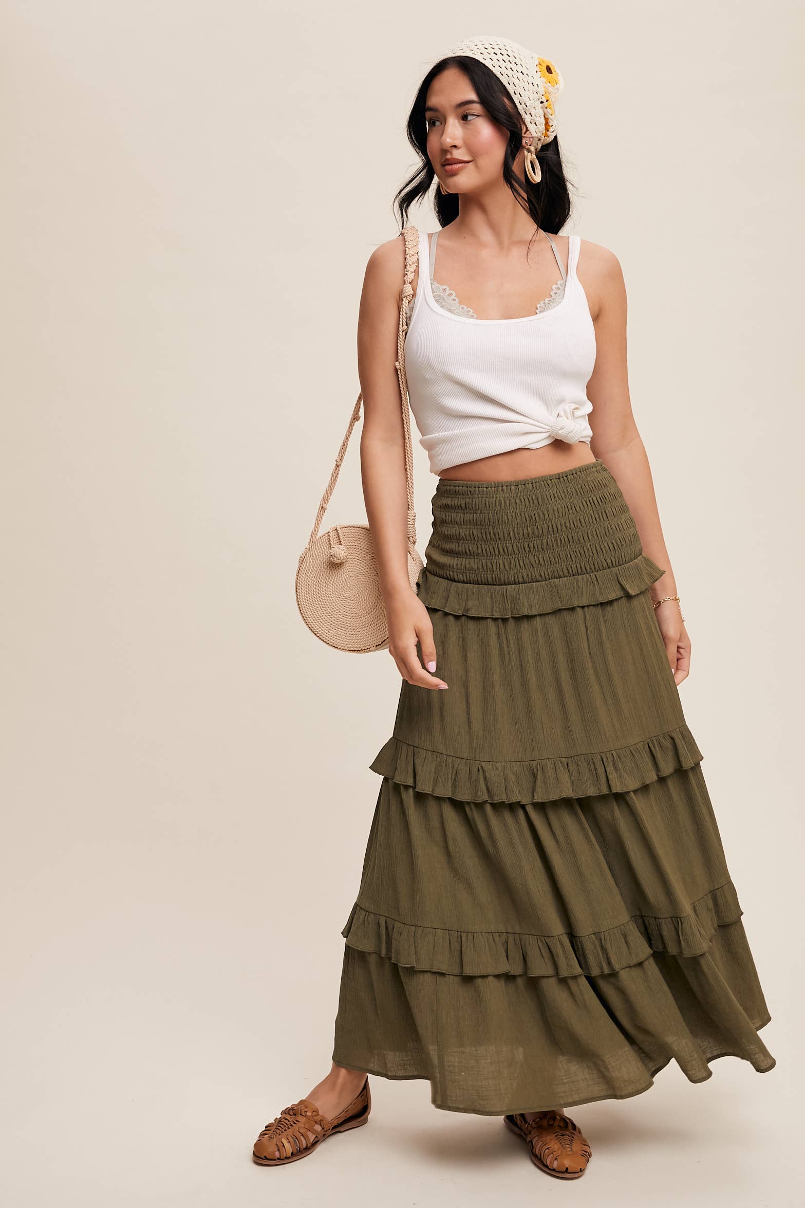 Listicle - Wholesale Skirt - Women's - 2-Way Smocked Ruffle Tiered Midi Dress or Skirt28